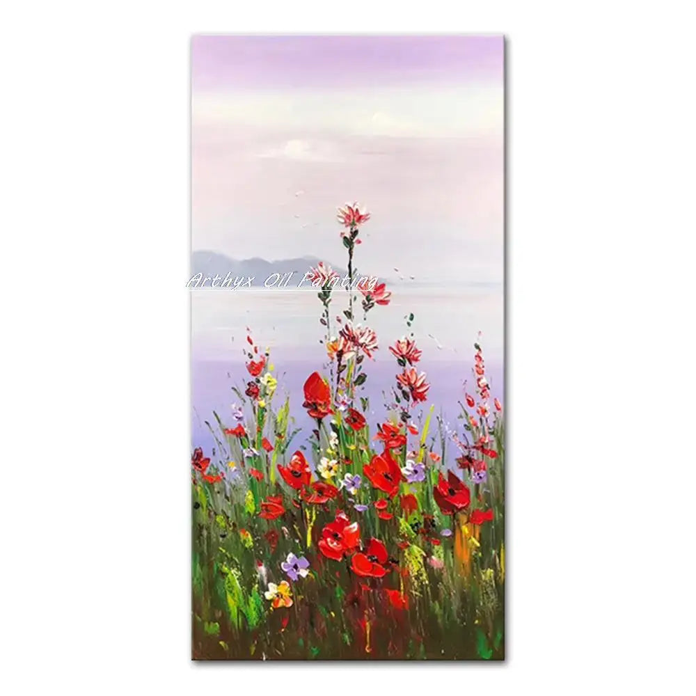 Vibrant autumn city landscape oil painting poster by Decorbites, pastel sky with red flowers on Tampa Home & Garden Store