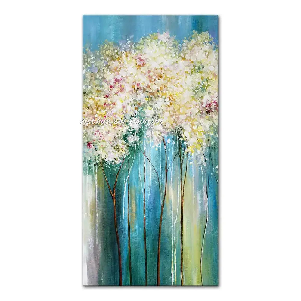 Autumn landscape poster with tall slender trees and vibrant blossoms against a teal blue backdrop on Tampa Home & Garden Store