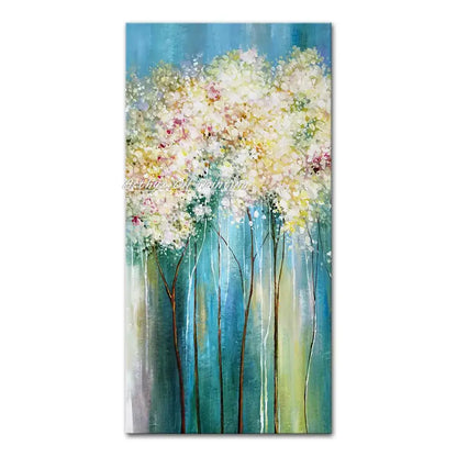 Autumn landscape poster with tall slender trees and vibrant blossoms against a teal blue backdrop on Tampa Home & Garden Store