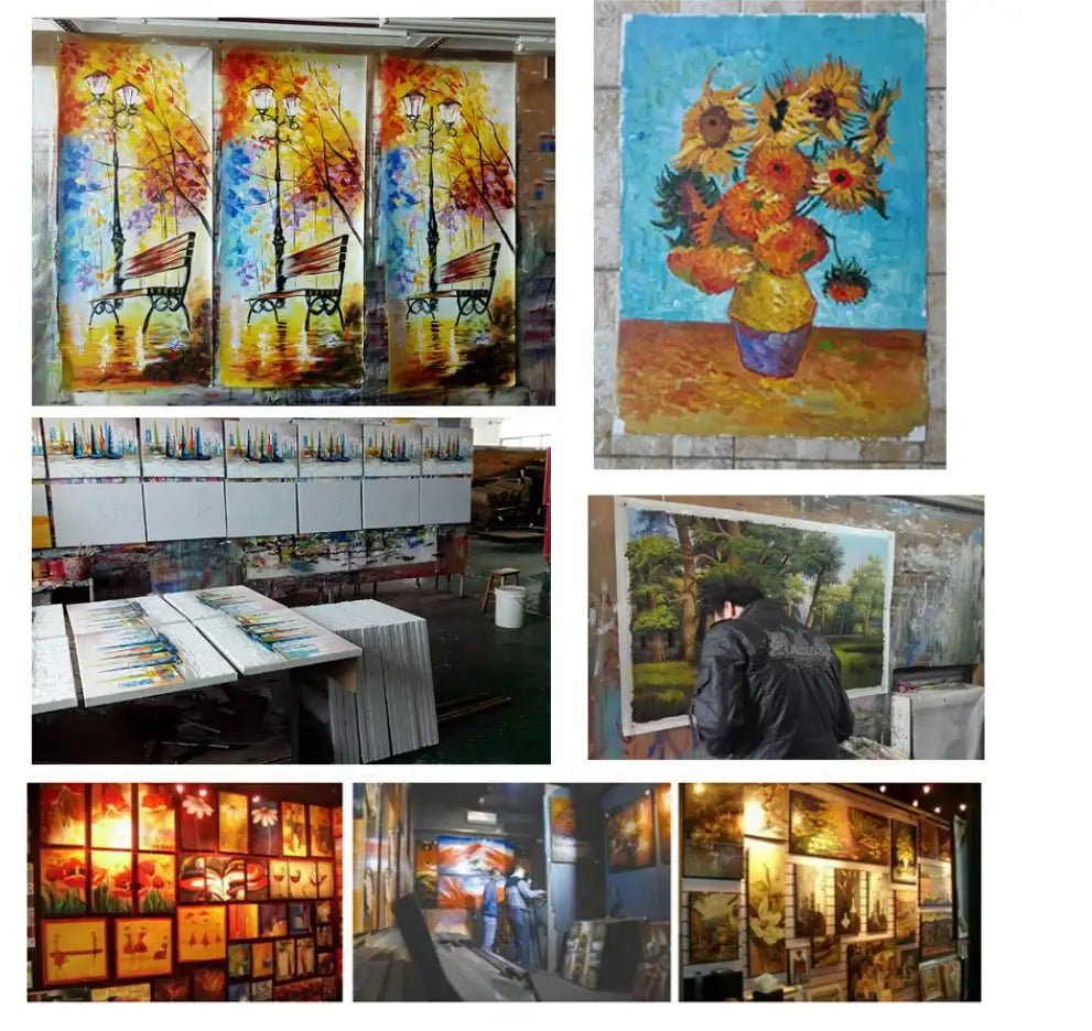 Vibrant autumn city landscape oil painting poster set in bright colors with urban scene by Decorbites on Tampa Home & Garden Store