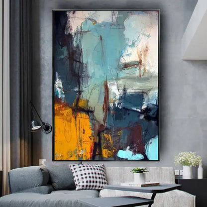 Blue Gold Abstract Wall Art poster, framed with blue, teal, and gold brushstrokes on Tampa Home & Garden Store