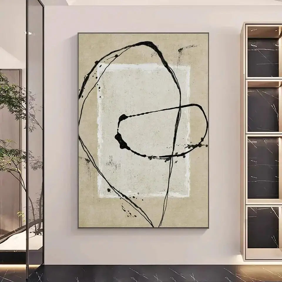 Blue Gold Abstract Wall Art poster by Decorbites, black loops on beige with white center on Tampa Home & Garden Store