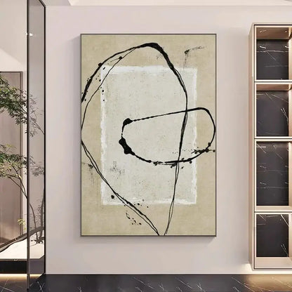 Blue Gold Abstract Wall Art poster by Decorbites, black loops on beige with white center on Tampa Home & Garden Store