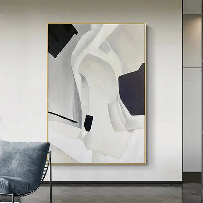 Blue Gold Abstract Wall Art poster with a slim gold frame and grayscale shapes on wall on Tampa Home & Garden Store