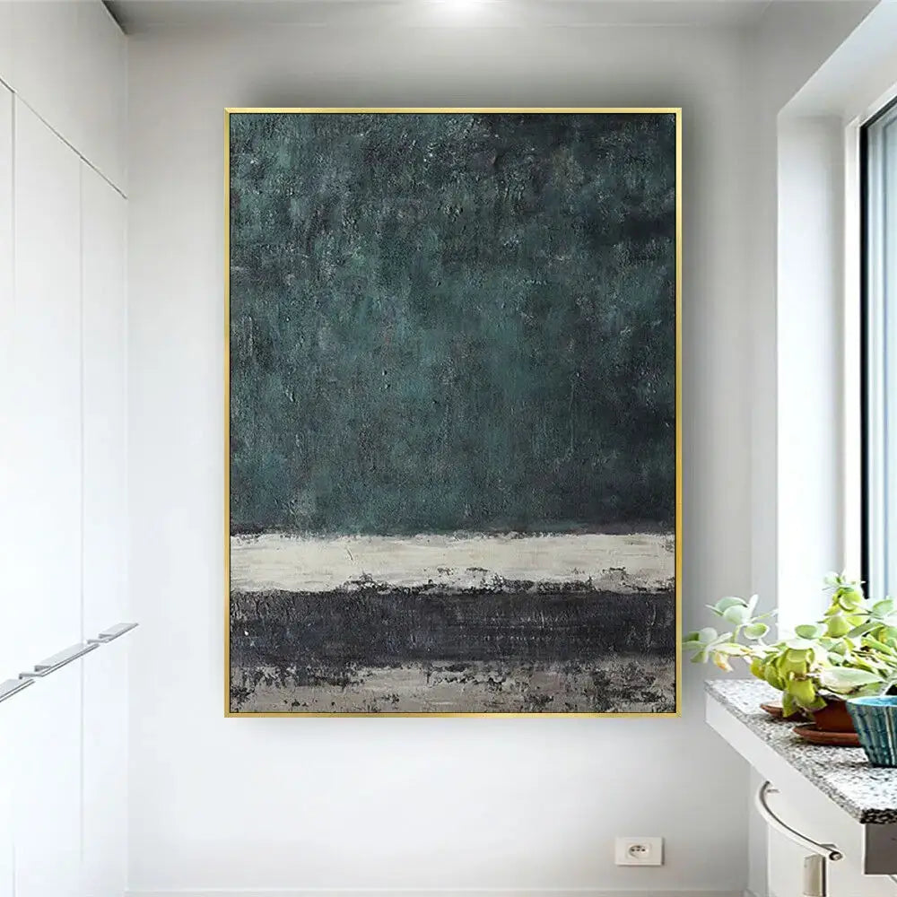 Blue Gold Abstract Wall Art poster Decorbites, dark teal abstract with beige stripe, gold frame on Tampa Home & Garden Store