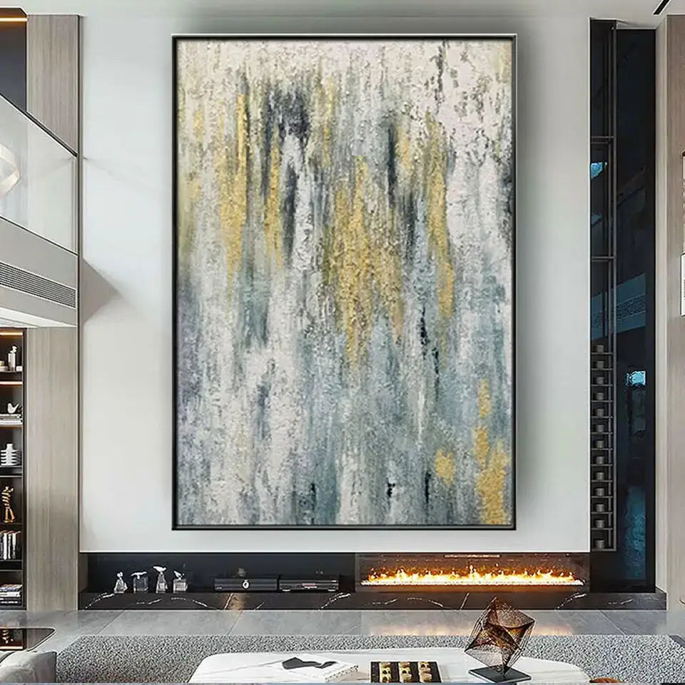 Blue Gold Abstract Wall Art poster by Decorbites; blue, gold & gray strokes above fireplace on Tampa Home & Garden Store