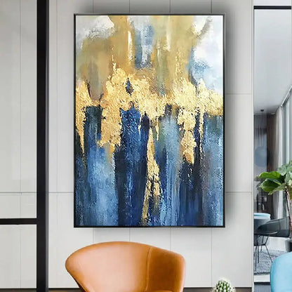 Blue Gold Abstract Wall Art poster by Decorbites in a black frame on Tampa Home & Garden Store