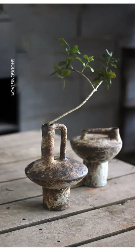 Brown gray ceramic vase set of 2 with rustic weathered finish and built-in handles by Decorbites on Tampa Home & Garden Store