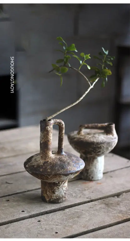 Brown gray ceramic vase set of 2 with rustic weathered finish and built-in handles by Decorbites on Tampa Home & Garden Store