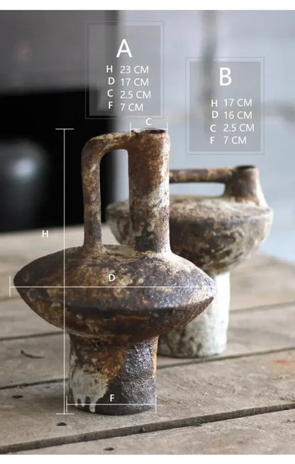Decorbites brown gray ceramic vase set, two rustic weathered vases on wood surface on Tampa Home & Garden Store