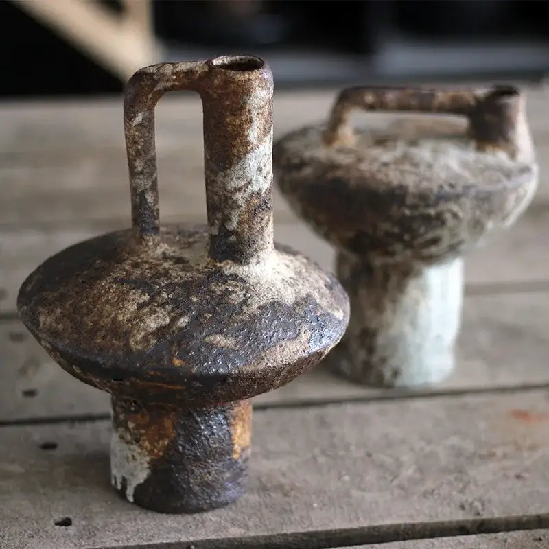 Brown gray ceramic vase set by Decorbites, rustic weathered finish, 2 vases on Tampa Home & Garden Store