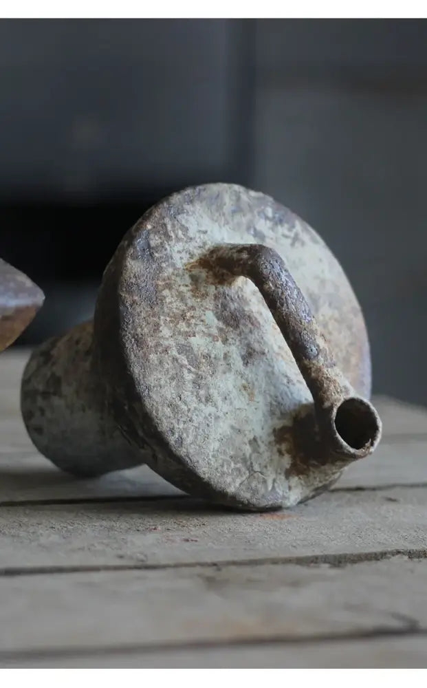 Brown gray ceramic vase set with rustic weathered finish and curved handle on Tampa Home & Garden Store