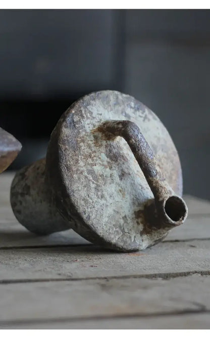 Brown gray ceramic vase set with rustic weathered finish and curved handle on Tampa Home & Garden Store