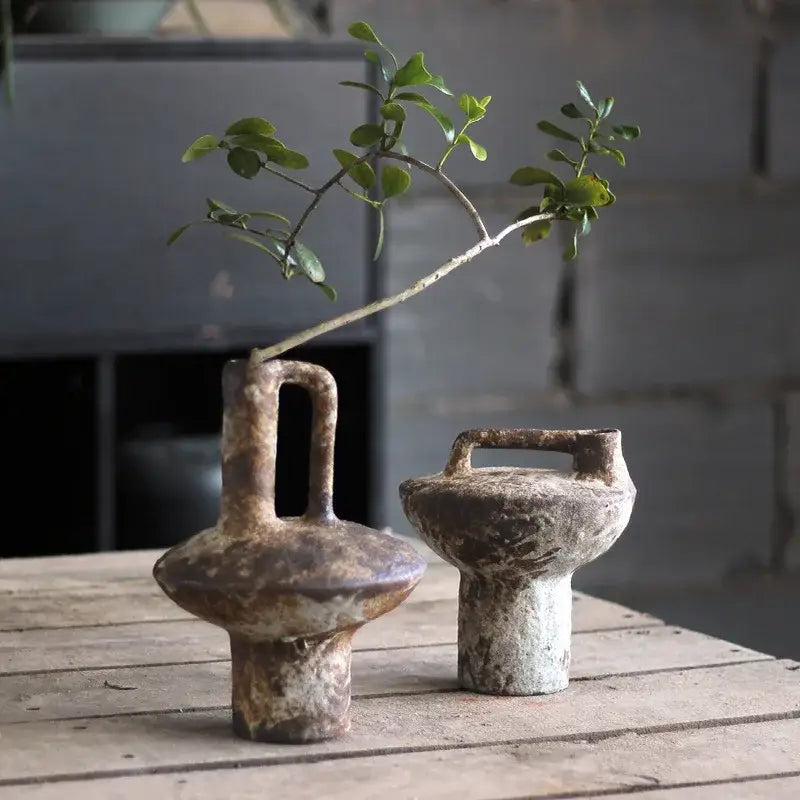 Brown gray ceramic vase set by Decorbites; two rustic vases with handles on a wooden table on Tampa Home & Garden Store