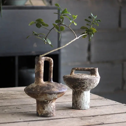 Brown gray ceramic vase set by Decorbites; two rustic vases with handles on a wooden table on Tampa Home & Garden Store