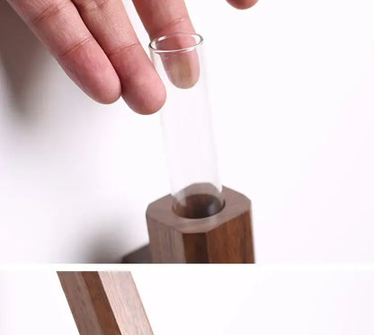 Dark Wood Wall Vase, hexagonal wooden base with clear glass tube, Decorbites on Tampa Home & Garden Store