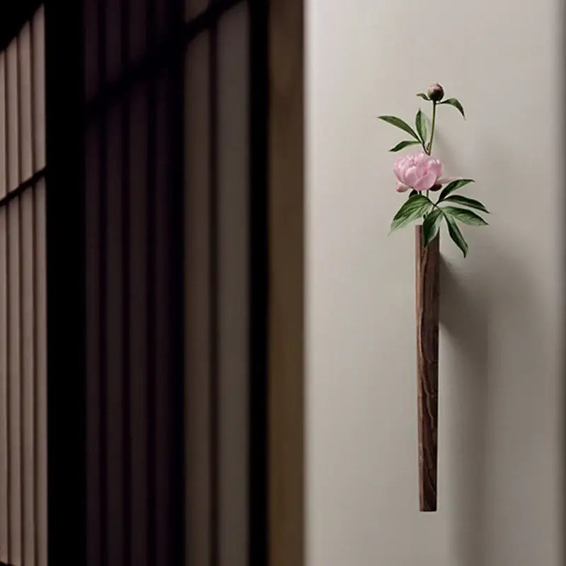 Dark Wood Wall Vase by Decorbites, wall-mounted vase with pink peony and green leaves on Tampa Home & Garden Store