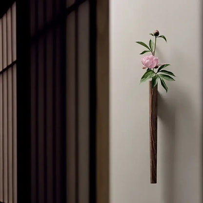 Dark Wood Wall Vase by Decorbites, wall-mounted vase with pink peony and green leaves on Tampa Home & Garden Store