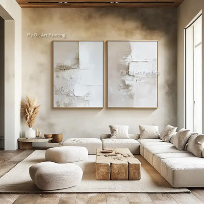 Two beige and white canvas oil paintings by Decorbites, abstract wall art for living room on Tampa Home & Garden Store