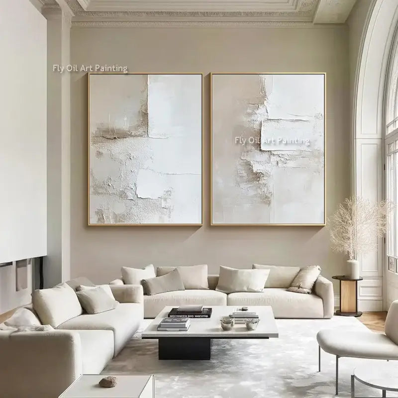 Abstract beige and white two-canvas oil paintings for living room decor, Decorbites prints on Tampa Home & Garden Store