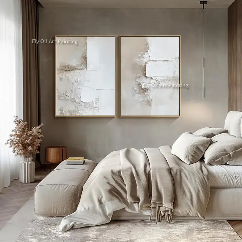 Abstract beige and white two-canvas oil paintings posters, framed duo above bed in bedroom on Tampa Home & Garden Store