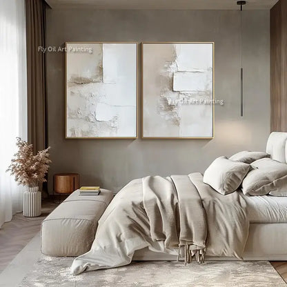 Abstract beige and white two-canvas oil paintings posters, framed duo above bed in bedroom on Tampa Home & Garden Store