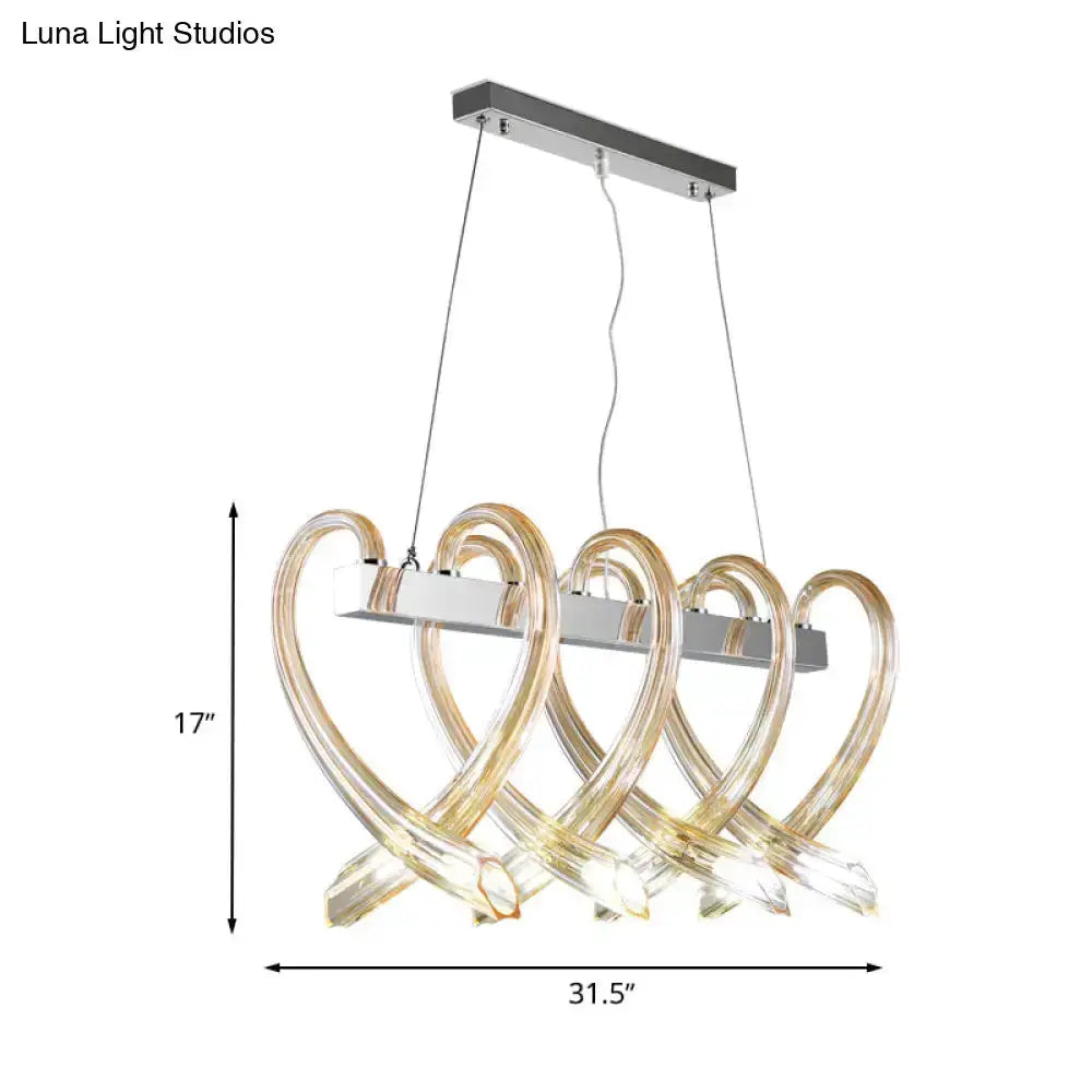 Modern amber glass heart island light pendant with chrome bar, four heart loops Decorbites on Tampa Home & Garden Store