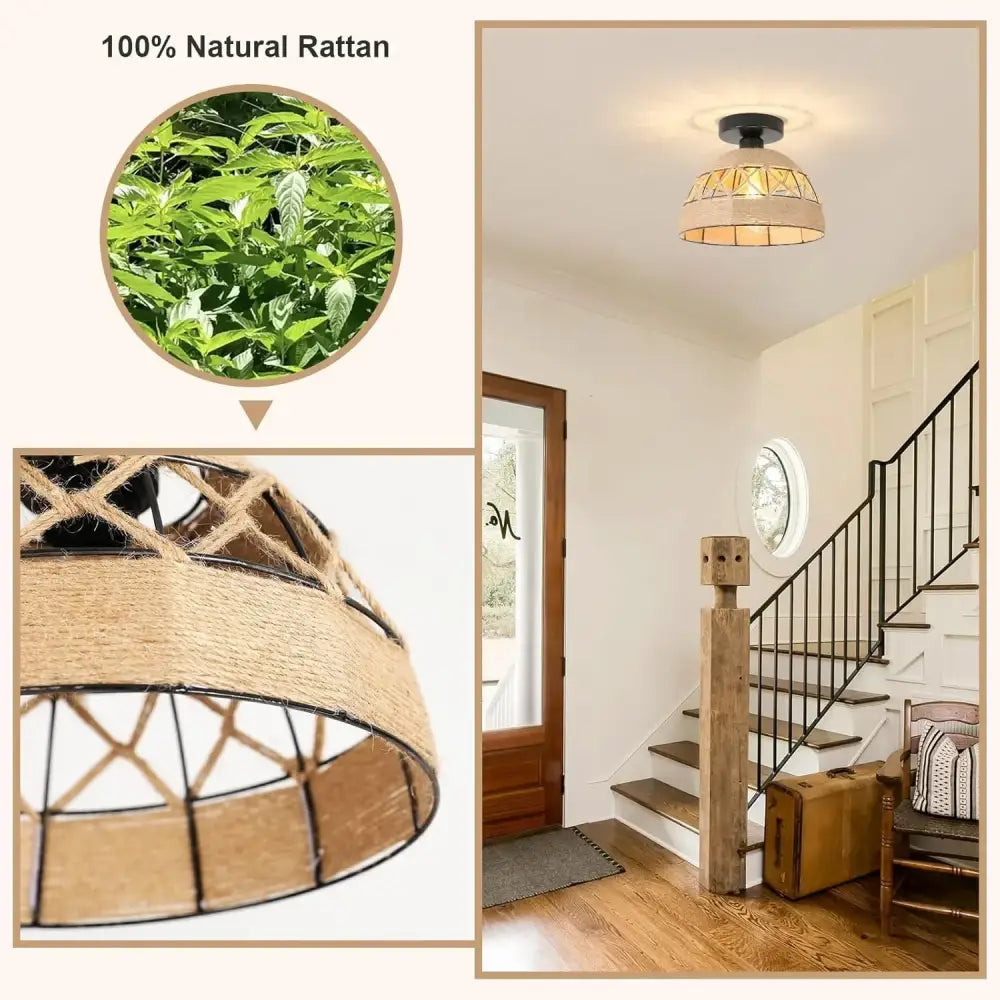 Jute Hemp Rope Ceiling Light flush mount Decorbites natural woven shade for home & garden on Tampa Home & Garden Store