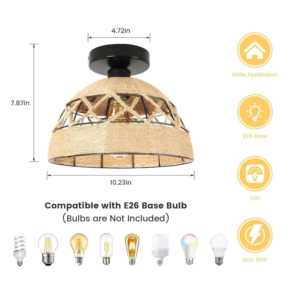 Jute Hemp Rope Ceiling Light flush mount by Decorbites, natural woven shade with lattice on Tampa Home & Garden Store