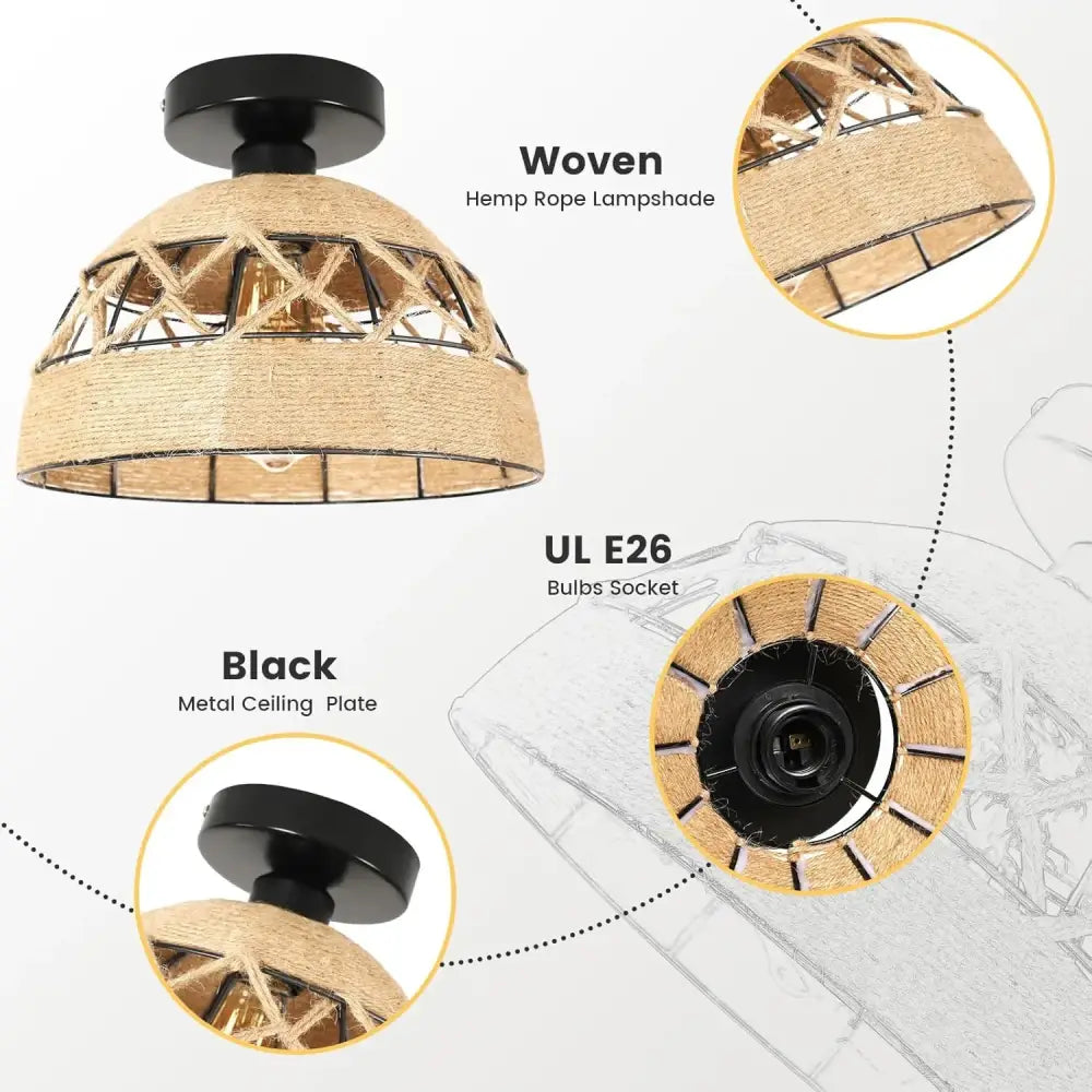 Jute Hemp Rope Ceiling Light flush mount Decorbites rope shade with black metal plate on Tampa Home & Garden Store