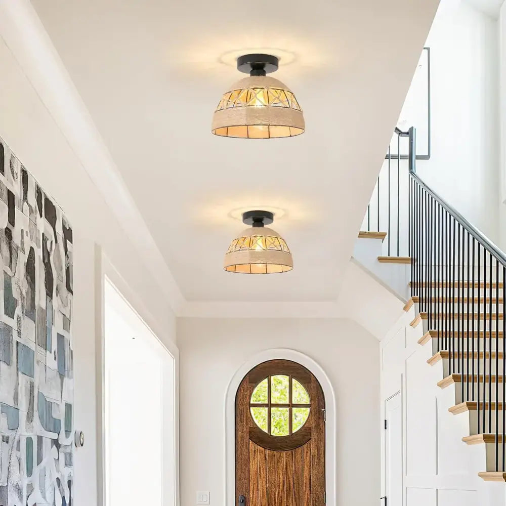 Jute Hemp Rope Ceiling Light, pair of flush-mount fixtures with natural beige woven shades on Tampa Home & Garden Store
