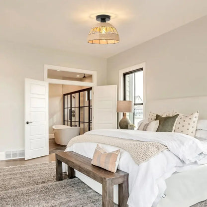 Jute hemp rope ceiling light flush mount by Decorbites in a bright white bedroom on Tampa Home & Garden Store