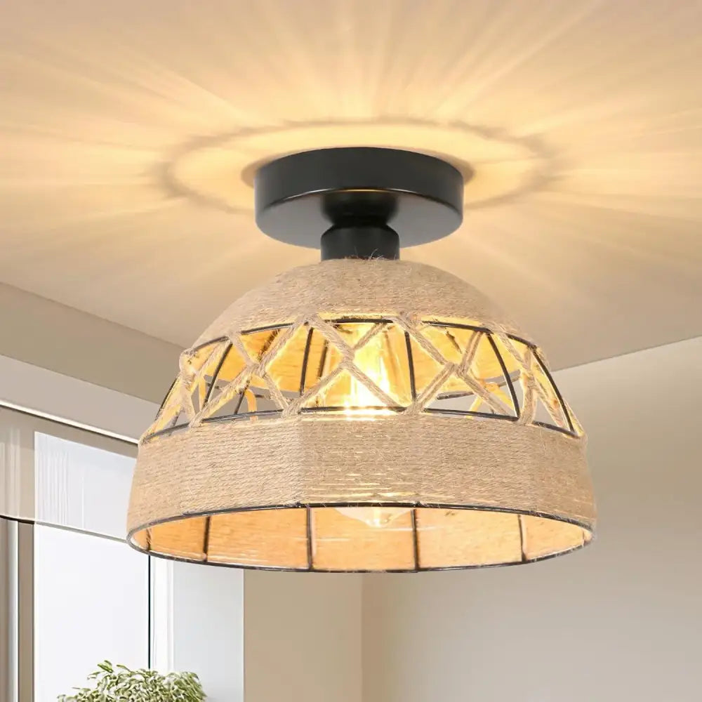Decorbites Jute Hemp Rope Ceiling Light, natural beige, lattice-wrapped shade, flush mount on Tampa Home & Garden Store