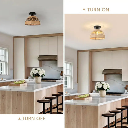 Jute Hemp Rope Ceiling Light flush mount, Decorbites, beige woven shade over kitchen island on Tampa Home & Garden Store