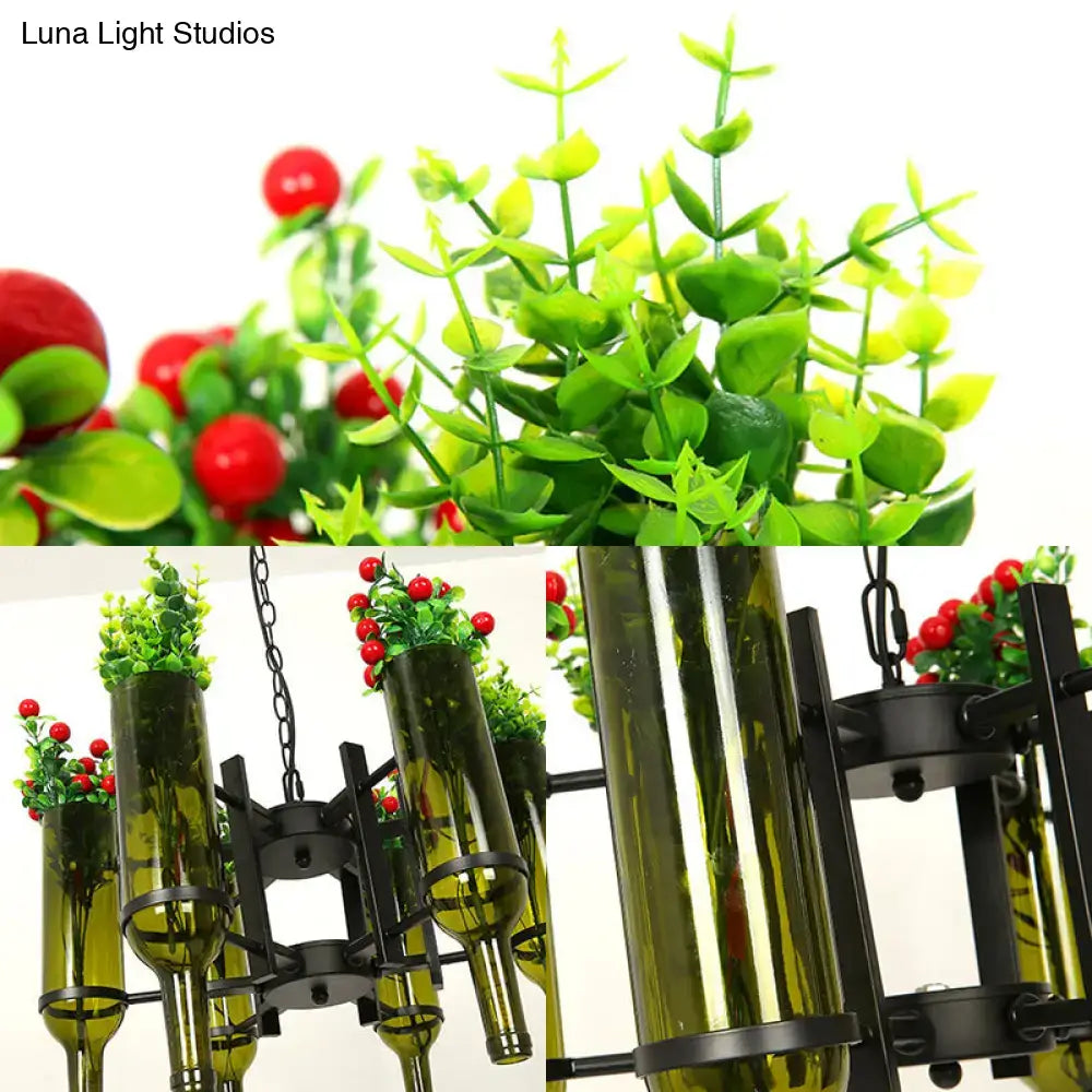Green glass bottle chandelier with olive-green bottles on a black metal frame Decorbites on Tampa Home & Garden Store