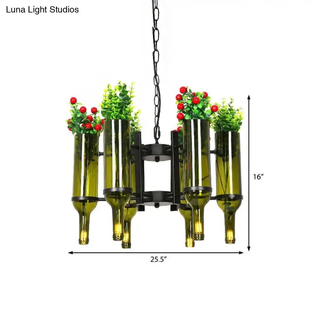 Green glass bottle chandelier with six olive-green bottle shades by Decorbites on Tampa Home & Garden Store