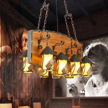 Rustic wood and black lantern island pendant light with six leaf lanterns warm glow Decorbites on Tampa Home & Garden Store