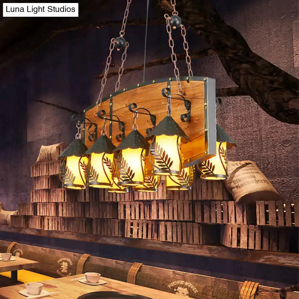 Rustic wood and black lantern island pendant light with five lanterns for dining room on Tampa Home & Garden Store
