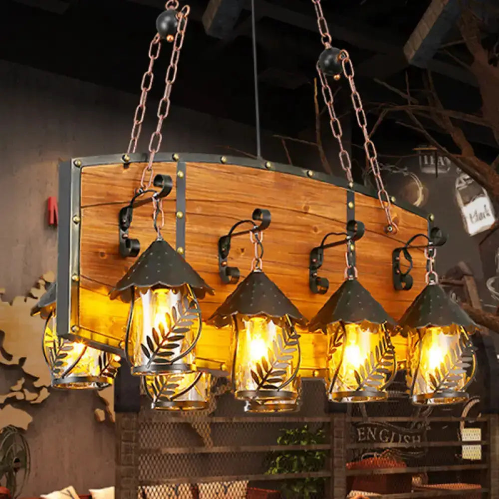 Rustic wood and black lantern island pendant light with five lanterns copper chains Decorbites on Tampa Home & Garden Store