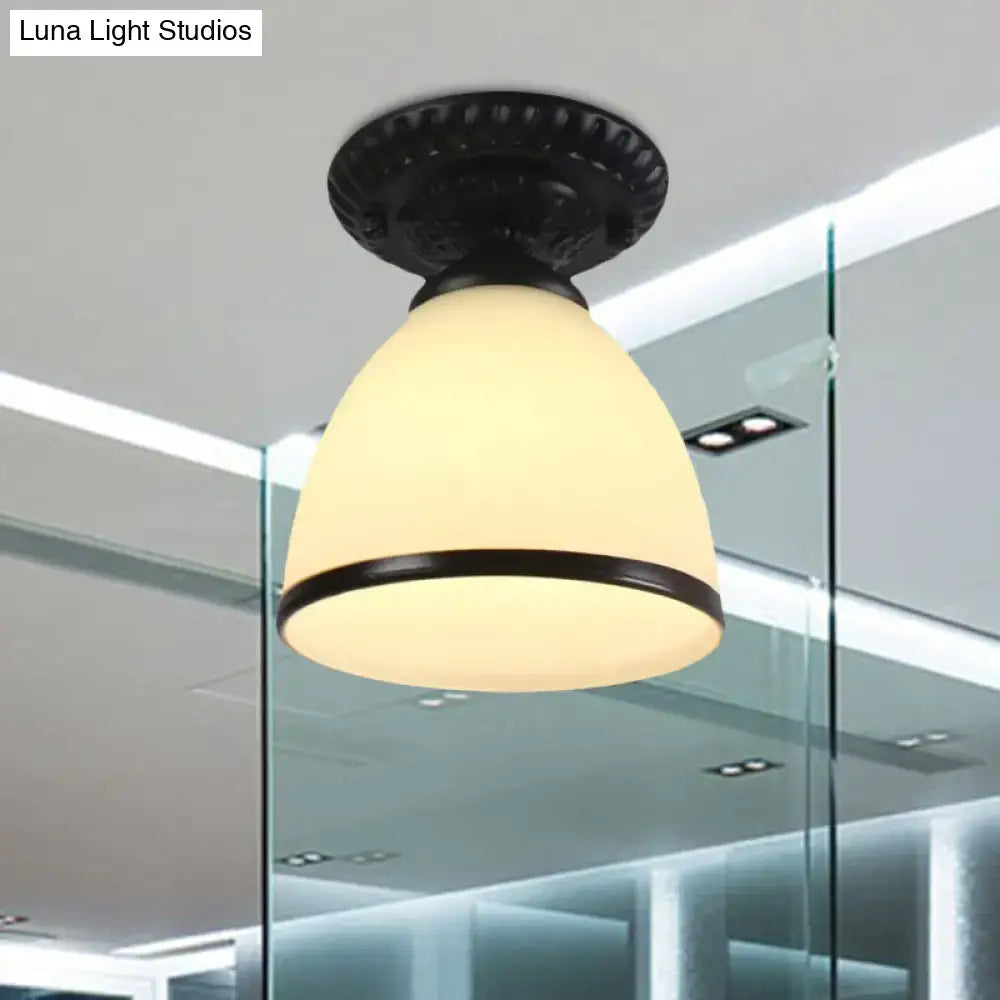 White glass ceiling light Decorbites bell shade with black band flush mount fixture on Tampa Home & Garden Store
