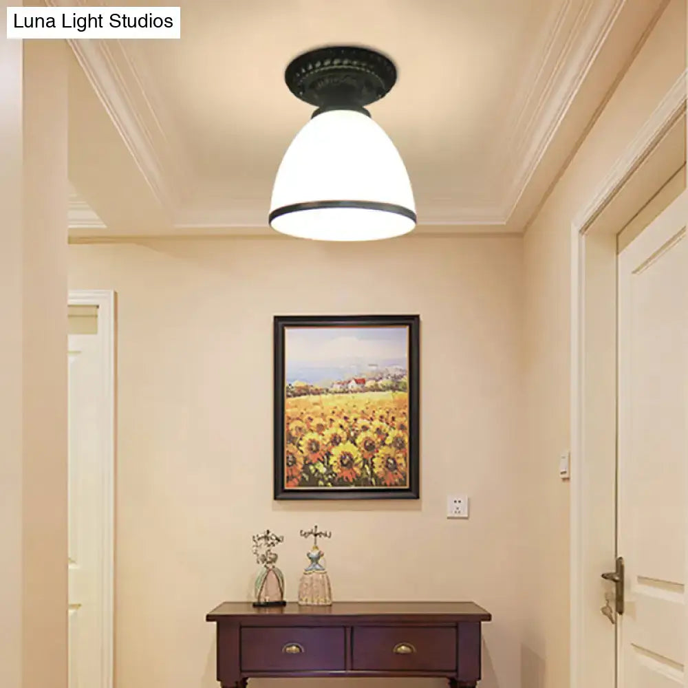 White glass ceiling light Decorbites flush mount with black metal base on Tampa Home & Garden Store