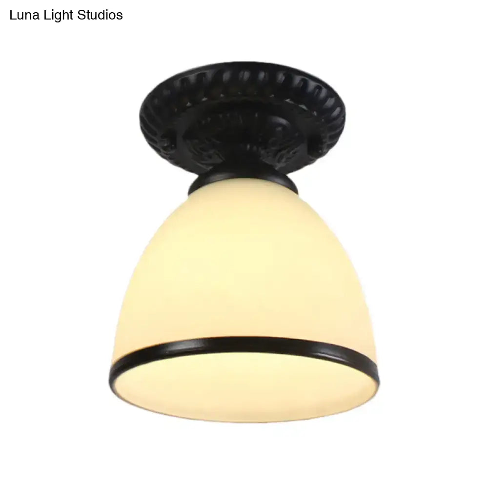 White Glass Ceiling Light by Decorbites, frosted bell shade with black trim, flush mount on Tampa Home & Garden Store