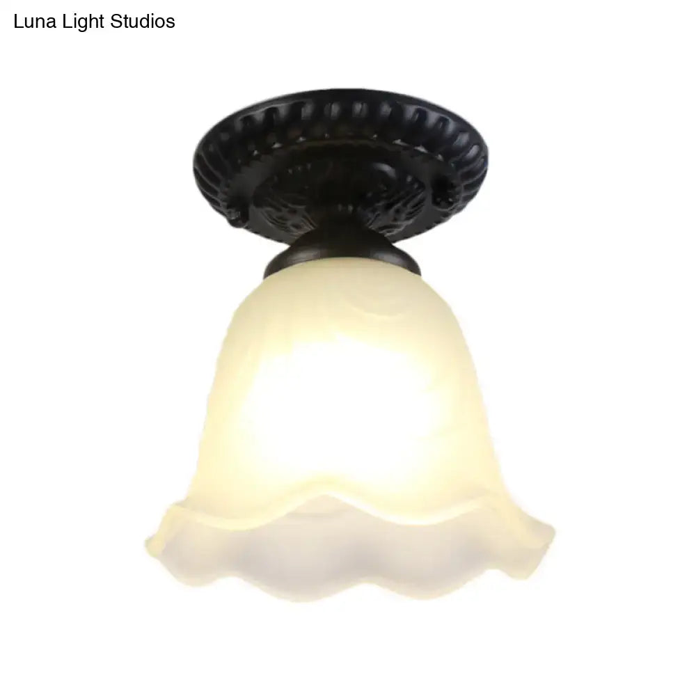 White Glass Ceiling Light Decorbites, flush mount with black base and scalloped shade on Tampa Home & Garden Store