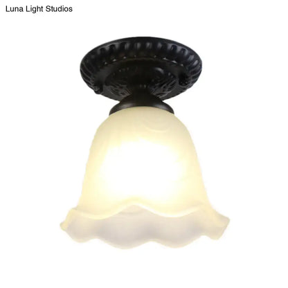 White Glass Ceiling Light Decorbites, flush mount with black base and scalloped shade on Tampa Home & Garden Store