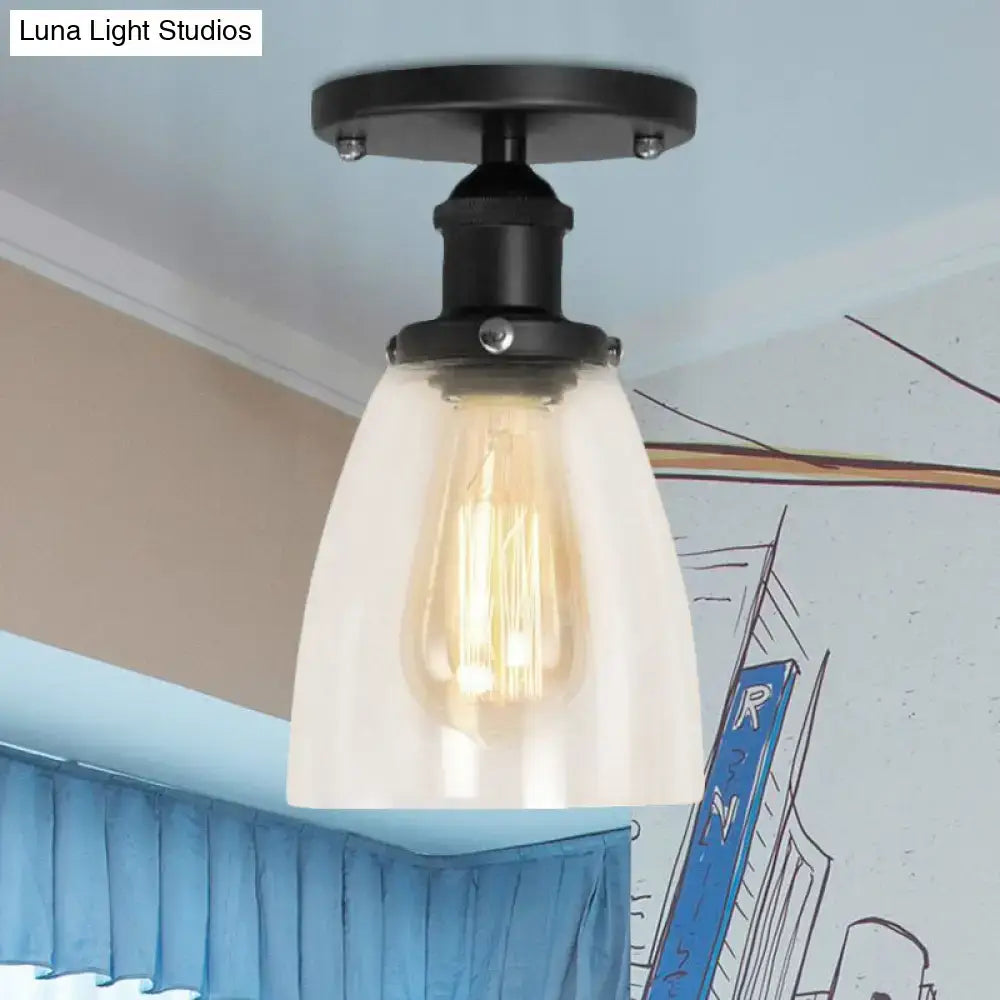 Black glass semi-flush ceiling light with frosted glass shade and Edison bulb on Tampa Home & Garden Store