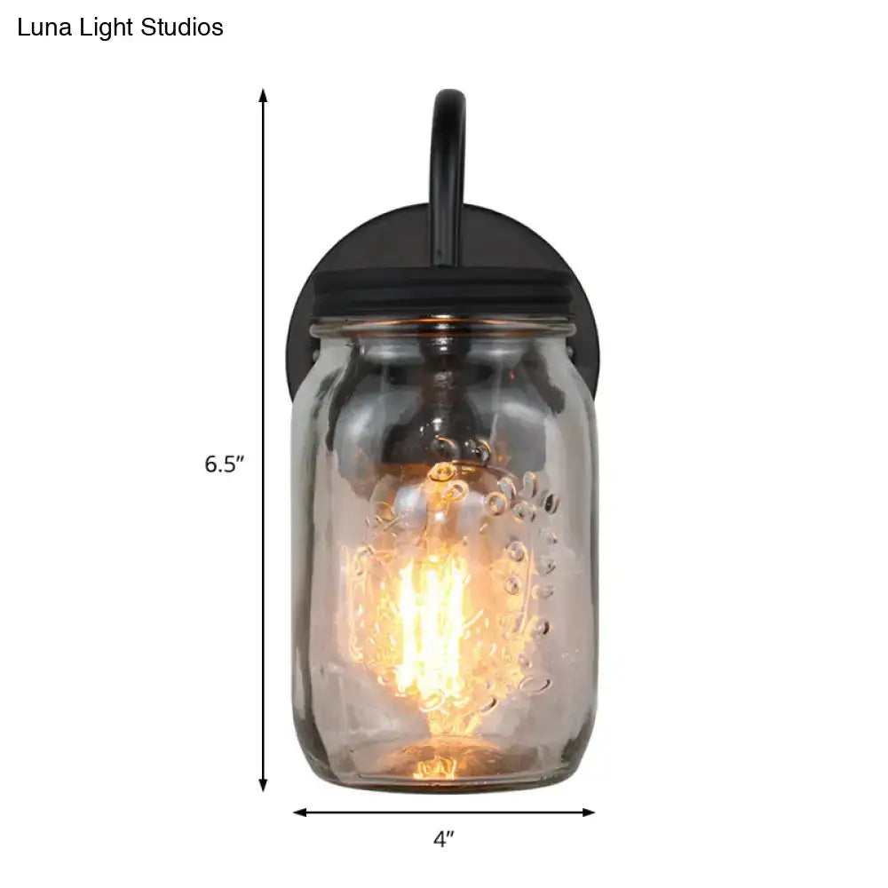 Black Jar Glass Wall Lamp with clear mason jar shade and warm Edison bulb, 6.5" tall, 4" wide on Tampa Home & Garden Store