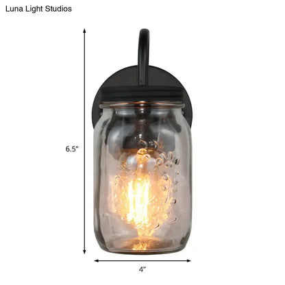 Black Jar Glass Wall Lamp with clear mason jar shade and warm Edison bulb, 6.5" tall, 4" wide on Tampa Home & Garden Store