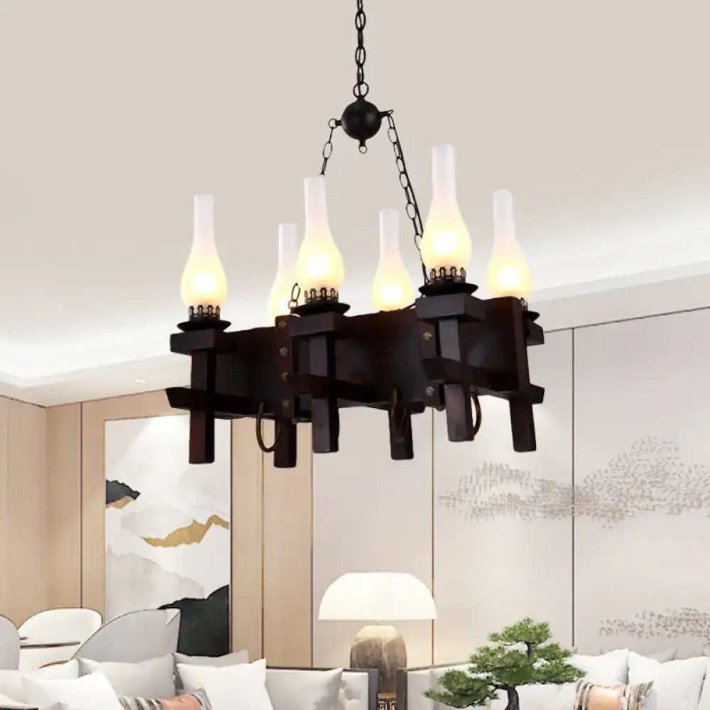 Black Frosted Glass Chandelier with Wood Beam, five-light rustic chain-hung fixture on Tampa Home & Garden Store