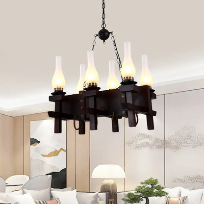 Black Frosted Glass Chandelier with Wood Beam, five-light rustic chain-hung fixture on Tampa Home & Garden Store