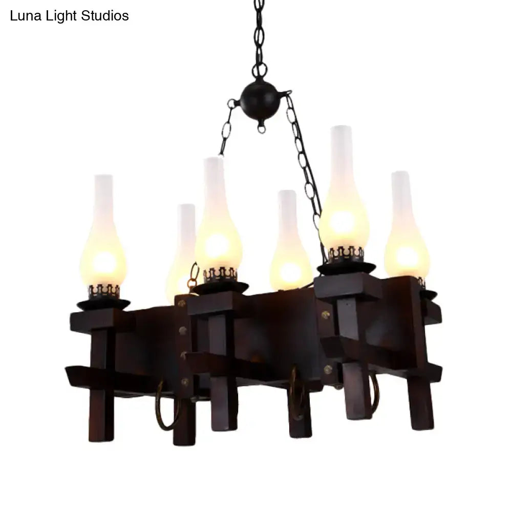 Chandelier by Decorbites: black frosted glass with wood beam, six candle bulbs on Tampa Home & Garden Store